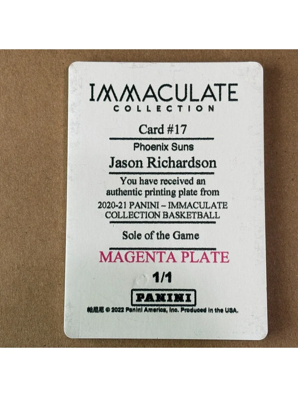 2020-21 Immaculate Jason Richardson Sole of the Game #17 Magenta Printing Plate